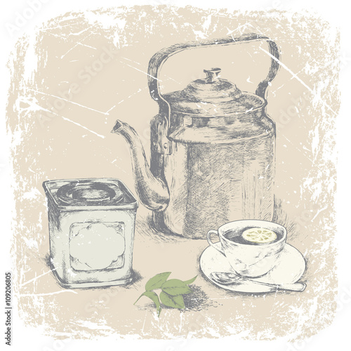 hand drawing of box of tea, cup of tea, tea leaves,lemon.vector illustration