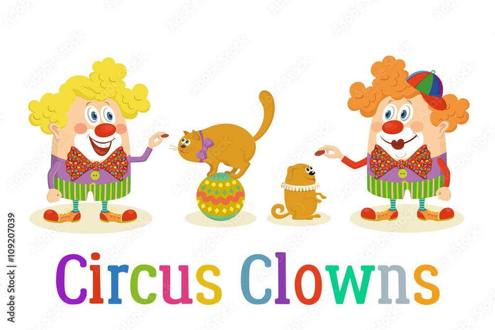 Set of Cheerful Kind Circus Clowns in Colorful Clothes with Trained Animals, Dog and Cat, Holiday Illustration, Funny Cartoon Characters, Isolated on White Background. Vector