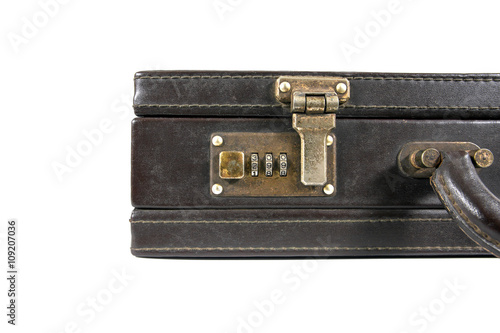 Part of Leather vintage briefcase with safety lock isolated on w