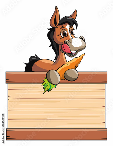 Fototapeta Naklejka Na Ścianę i Meble -  Pferd Brauner Holztafel Karotte