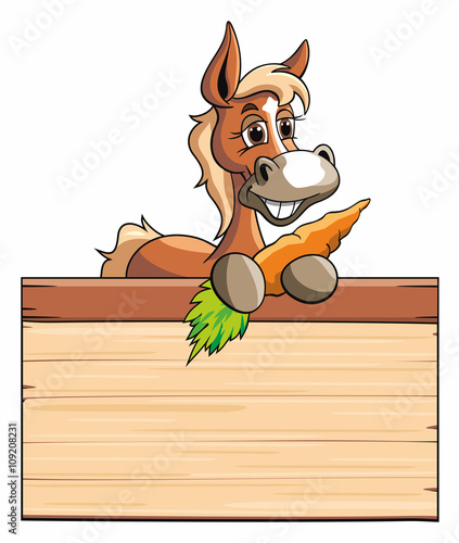 Fototapeta Naklejka Na Ścianę i Meble -  Pferd Fuchs Holztafel Karotte