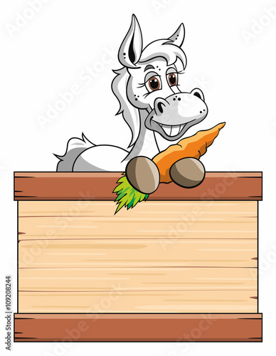 Fototapeta Naklejka Na Ścianę i Meble -  Pferd Schimmel Holztafel Karotte