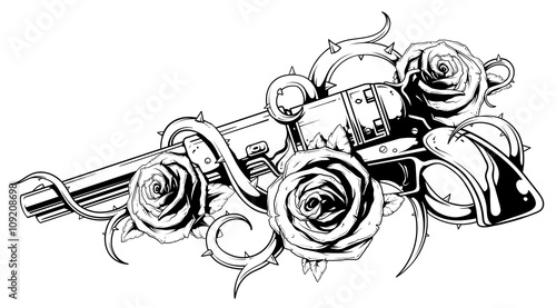 Obraz na plátně Vintage revolver with roses tattoo