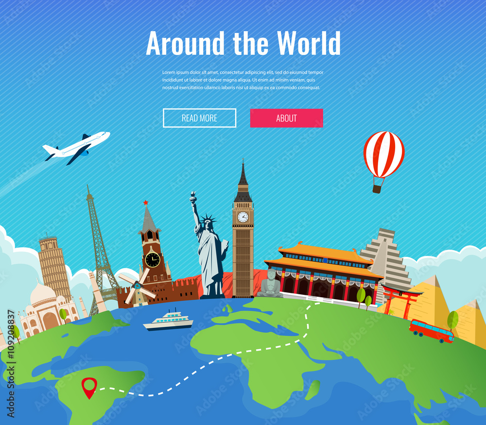 Travel to World. Road trip. Tourism. Landmarks on the globe. Concept website template. Vector illustration. Modern flat design.