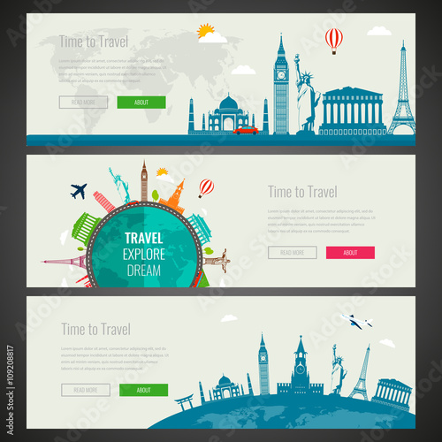 Three Travel and Tourism Headers, Banners with famous Landmarks. Vector