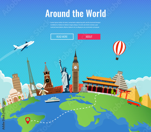 Travel to World. Road trip. Tourism. Landmarks on the globe. Concept website template. Vector illustration. Modern flat design.
