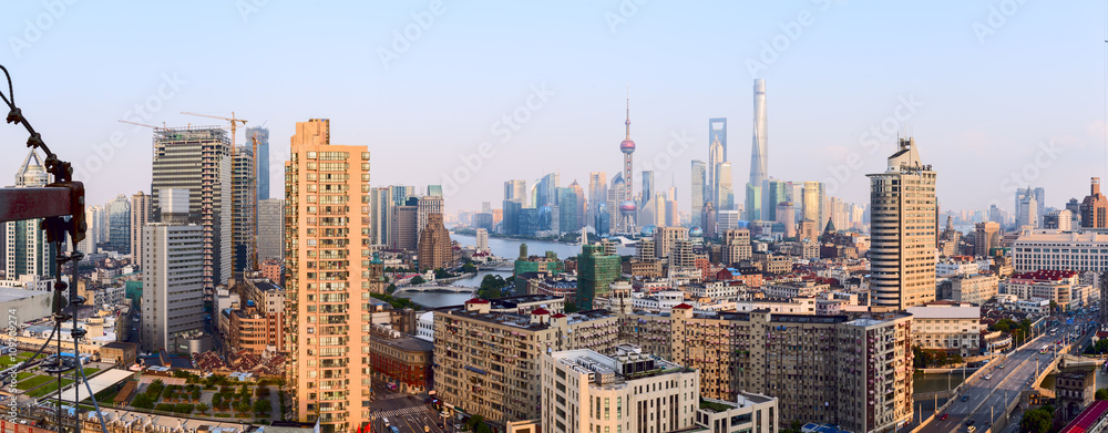 Fototapeta premium Wide panoramic view of Shanghai skyline.