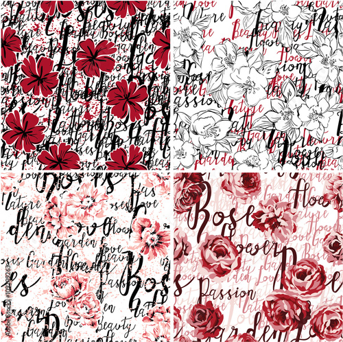 Roses flowers with typography background seamless pattern