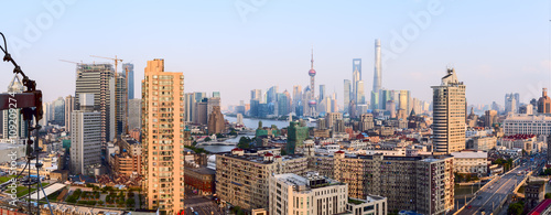  Wide panoramic view of Shanghai skyline. © fazon
