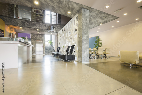 Modern building lobby with reception desk
