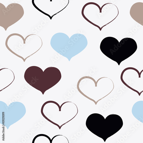 Cute vector geometric seamless pattern. Brush strokes, hearts. Hand drawn grunge texture. Abstract forms. Endless texture can be used for printing onto fabric or paper