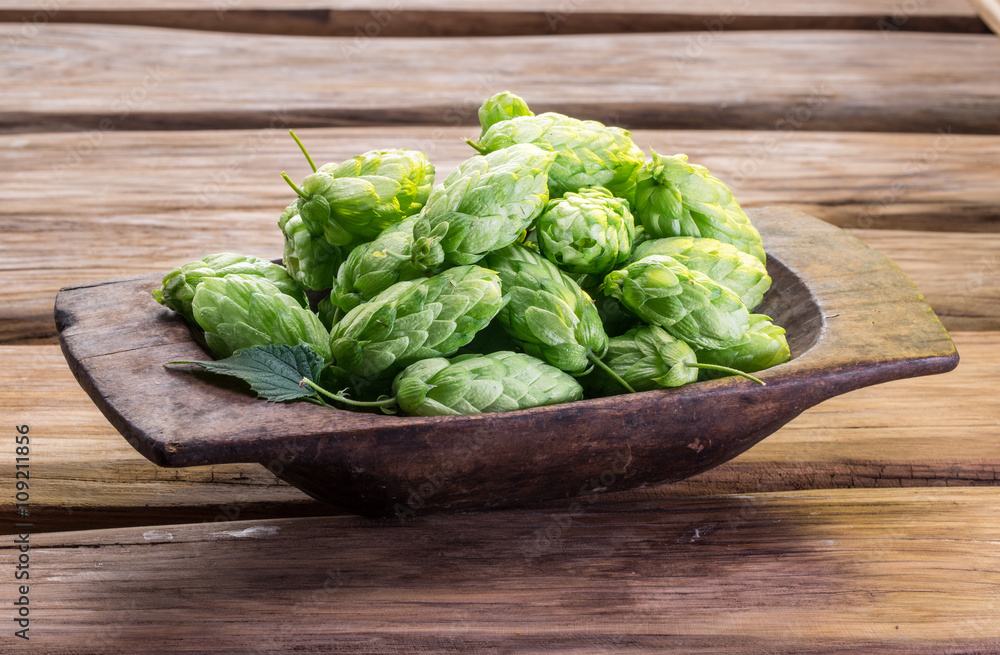 Hop cones in the old wooden tray. Hop cones in the old wooden tray.