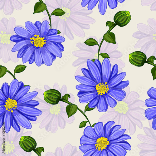 Seamless background pattern. Blue chrysanthemum and buds. Hand drawn. Vector - stock.