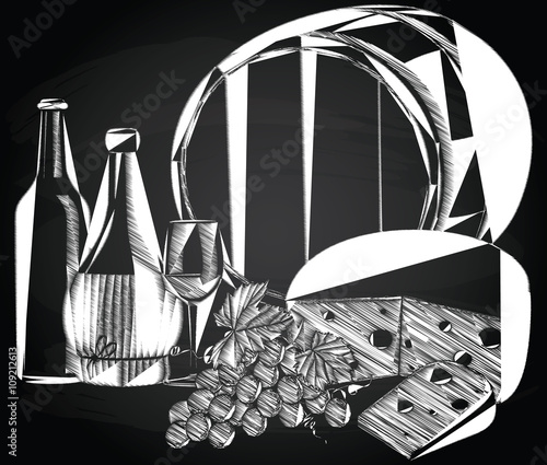 Wine, grape, and cheese on the chalkboard