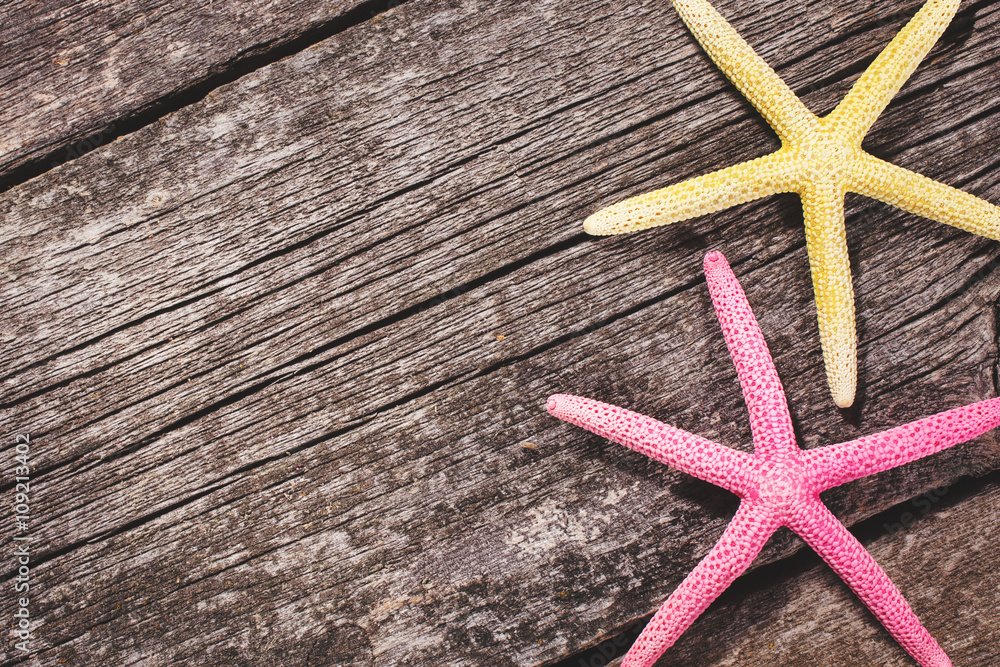 Sea shells on wooden background. Starfish Sea shells on wooden background. Starfish