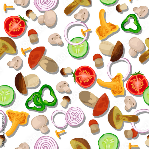 Seamless pattern with fresh vegetables and wild mushrooms with a slight drop shadow