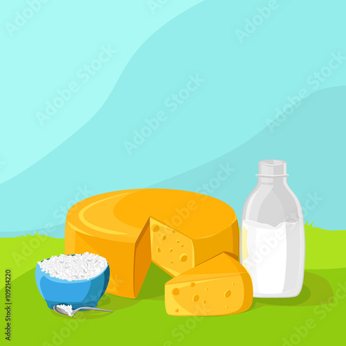 organic dairy products on the delicate background. Cheese, milk, cottage cheese.
