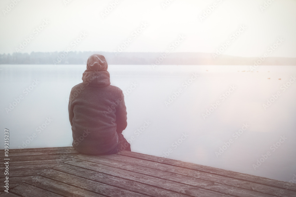 Lonesome Guy At The Lake During Sunrise - obrazy, fototapety, plakaty 