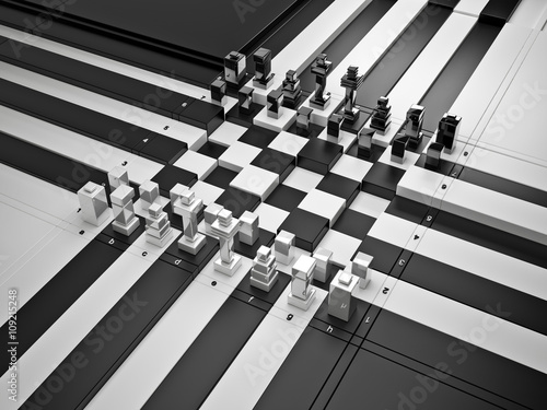 3d chess board with figures. The concept design of futuristic chess figures and checkerboard.