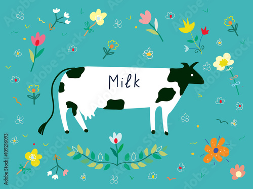 Cow and flowes for the milk label design
