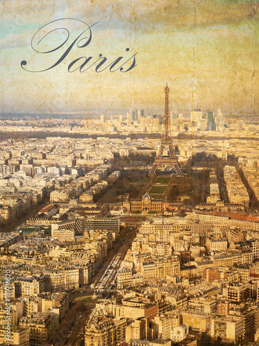Postkarte mit einer Luftaufnahme der Stadt Paris  im Vintage Look mit Schriftzug