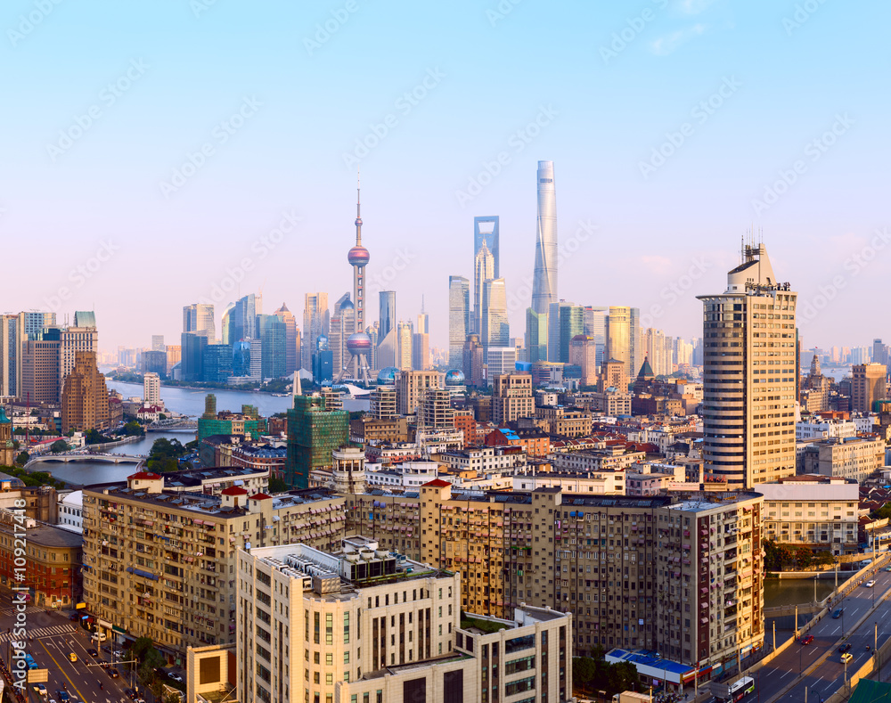 Naklejka premium Wide panoramic view of Shanghai skyline.