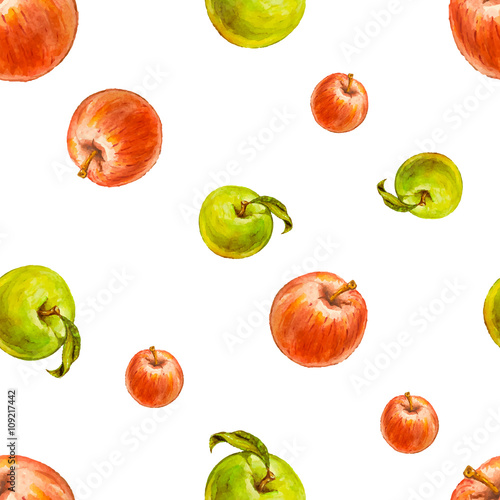 Watercolor seamless pattern with red and green apples. Hand drawn design. Vector summer fruit illustration.