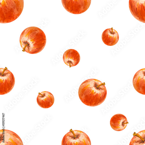 Watercolor seamless pattern with red apples. Hand drawn design. Vector summer fruit illustration.