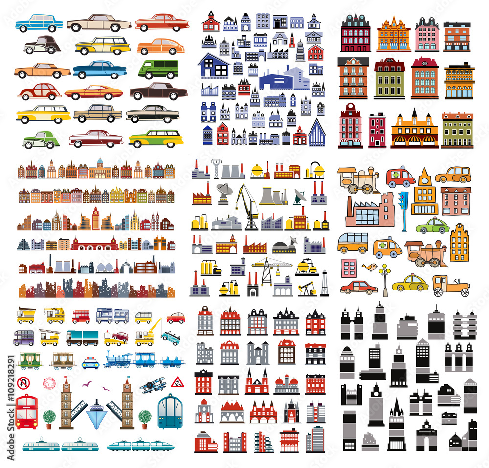 Objects for design and creativity. A set of houses and buildings.