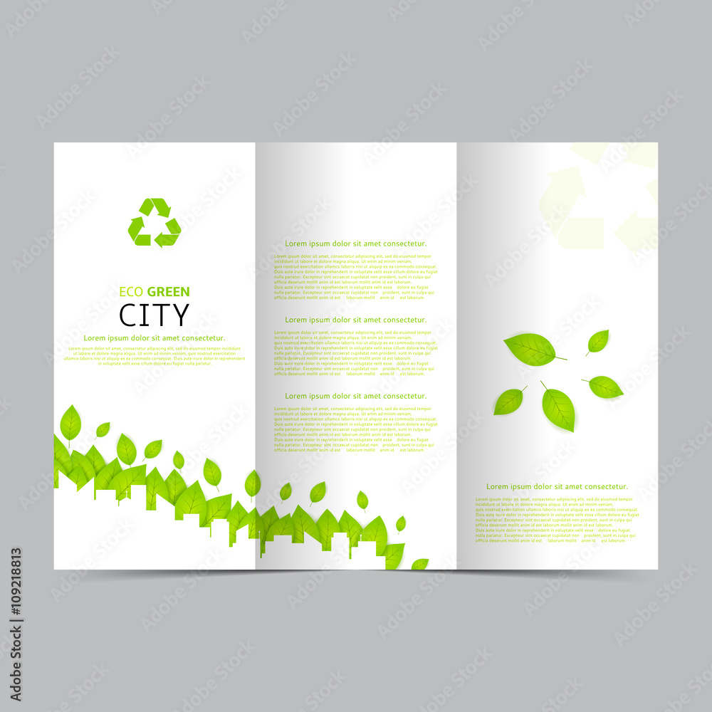 Design of the green and white brochure with place for text. Vector template of flyer for your business. Vector illustration on ecology theme green leafs and with silhouette of city landscape.