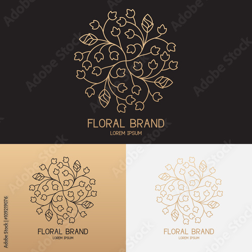 Vector template of floral logo in trendy linear style. Golden label with flower ornament. Logotype for fashion, beauty, spa, hotel, alternative medicine, cosmetics and jewelry industry.