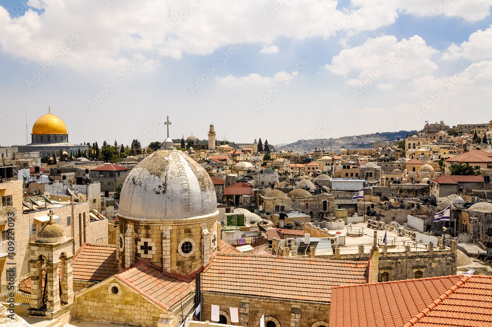 View of Old City of Jerusalem against cloudy sky