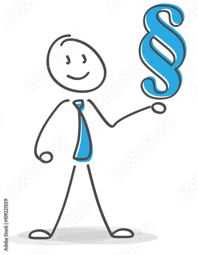Strichmännchen Figur mit einem blauen Paragraph als Rechtssymbol