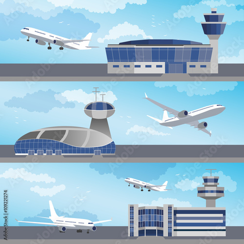 Airport building with control tower. Vector