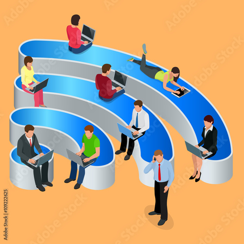Public free Wi-Fi hotspot zone wireless connection. Social Networking Communication Concept. Isometric flat 3d vector illustrations.