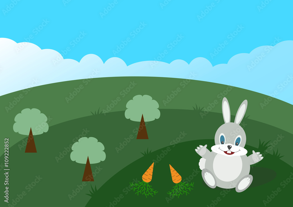 Fototapeta premium cartoon rabbit on a green field