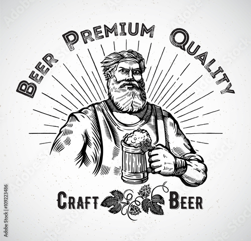 Happy Brewer. Characters brewer or craftsman's holding a mug full of beer. Graphical element in style engraving.