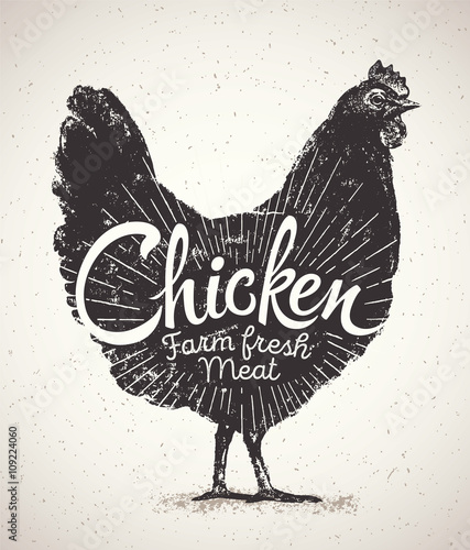 Graphical silhouette chicken and inscription. Vector illustration, drawn by hand.