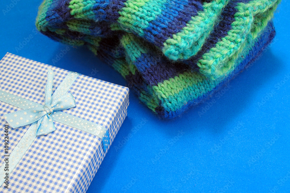 Checkered blue and white gift box blue background Checkered blue and white gift box blue background
