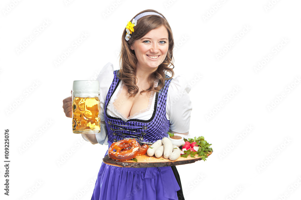 Oktoberfest ( frau mit Bierkrug,brezen und weißwürsten. ) Stock Photo ...