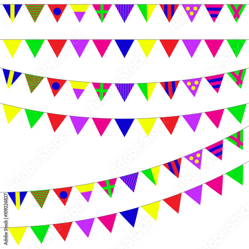 Bunting and garland set isolated on white background. Colorful festive flags. Vector pennant illustration. Design elements for celebrate, party or festival.