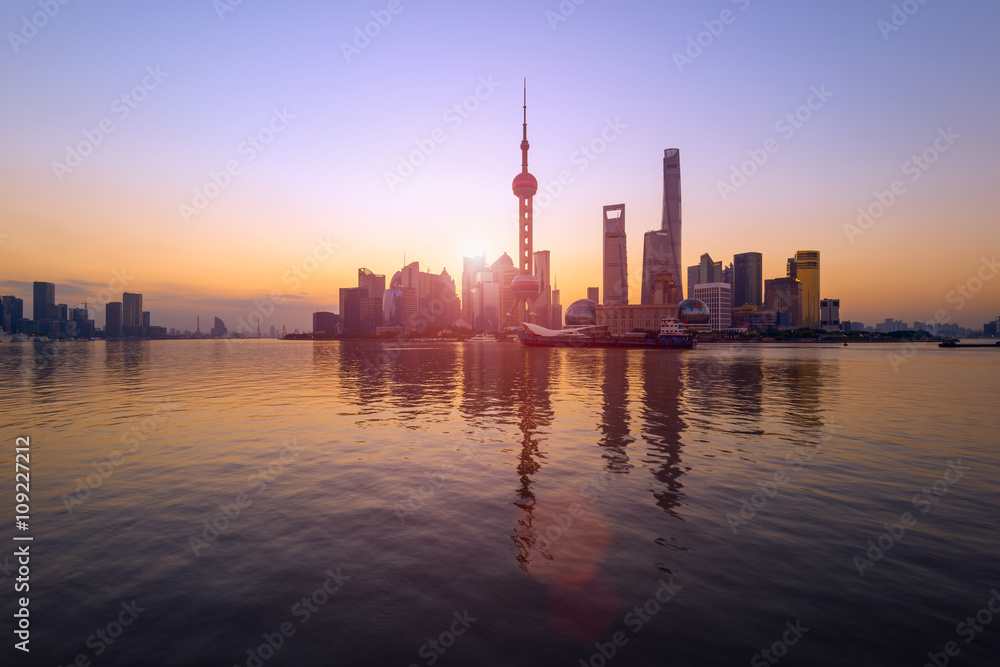 Pudong Skyline at sunrise, Shanghai, China .