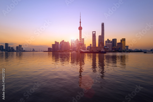 Pudong Skyline at sunrise, Shanghai, China . © fazon