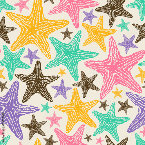 Retro Seamless Pattern Of Colorful Starfish.