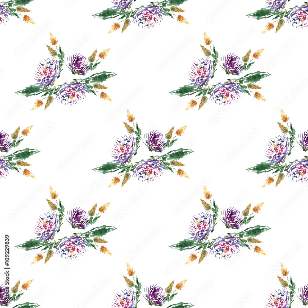 Aster watercolor  floral seamless pattern