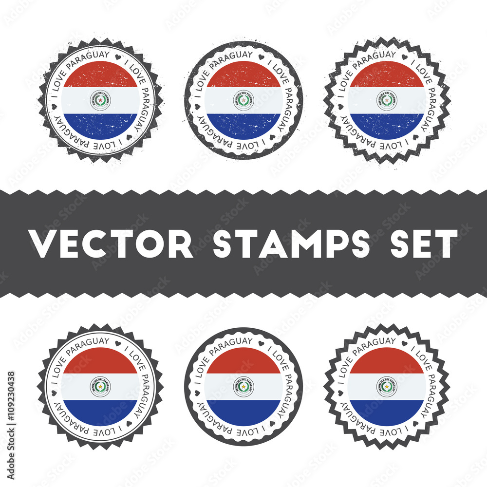 I Love Paraguay vector stamps set. Retro patriotic country flag badges. National flags vintage round signs. I Love Paraguay vector stamps set. Retro patriotic country flag badges. National flags vintage round signs.