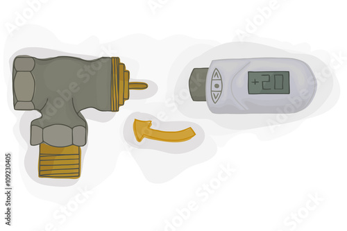 Thermostatic valve with electronic thermostatic head for the heating system vector. House heating.