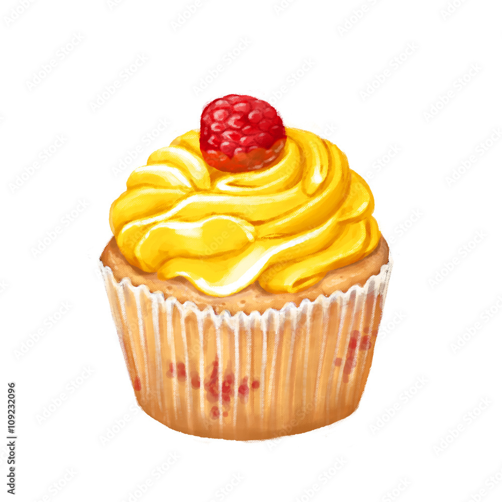 Icon of vanilla cupcake with yellow icing and raspberry on white isolated background. For menu, food design. Icon of vanilla cupcake with yellow icing and raspberry on white isolated background. For menu, food design.