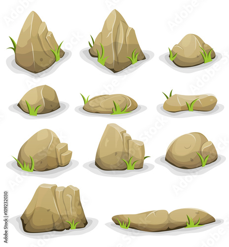 Rocks And Boulders With Grass Leaves Set