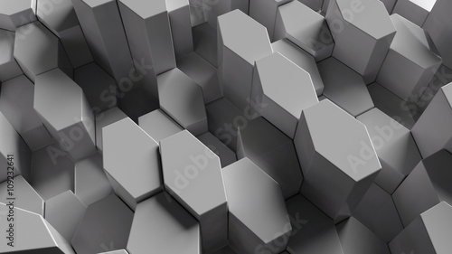 abstract background made of sixgons randomly extruded from surface, 3d rendering